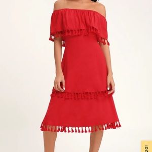 Lulus Pensacola Off the Shoulder Tassled MIDI Dress NWT Small
